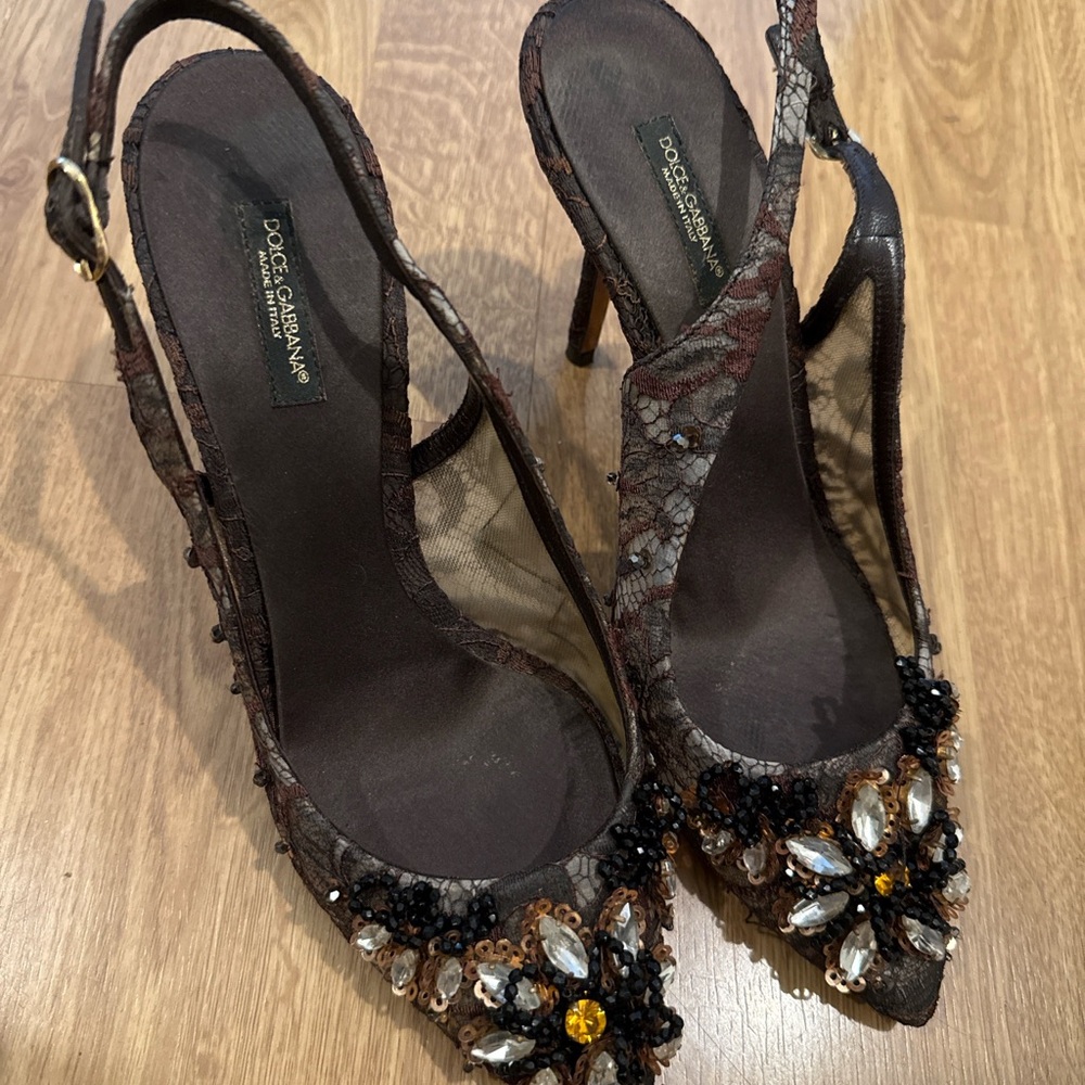 Authentic Dolce & Gabbana Embellished Lace Slingback Heels